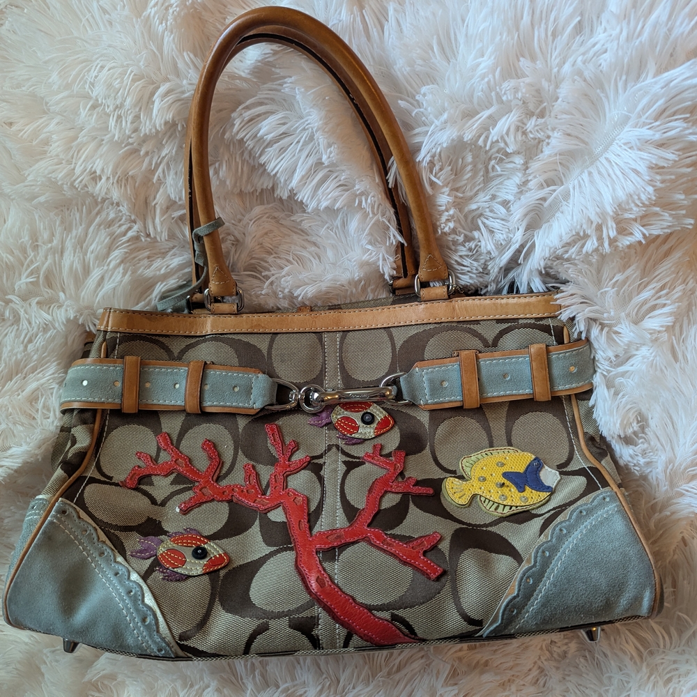 Coach Tan and Red Shoulder Bag with Signature Monogram